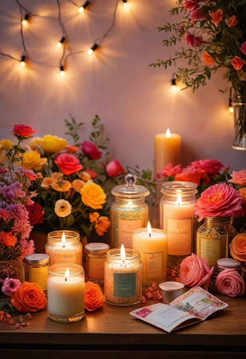 A whimsical arrangement of beautifully packaged scented products like candles, essential oils, and aromatic sachets, artistically displayed among blooming flowers and twinkling fairy lights. The scene exudes a warm, inviting atmosphere showcasing various gift options for different occasions, each product radiating a different vibrant color. Soft, dreamy background with a hint of sparkle to evoke a sense of enchantment and delight. floral theme. vibrant colors. soft focus.