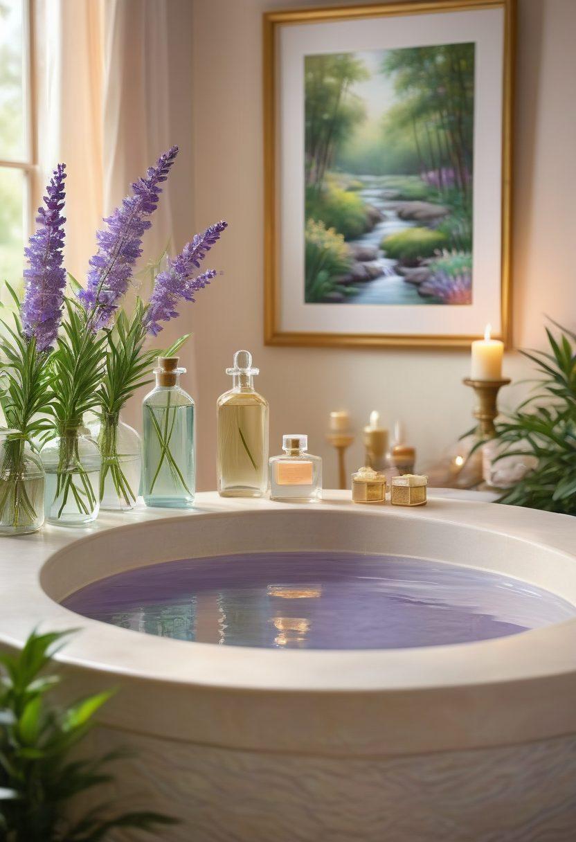 A serene spa environment featuring elegantly arranged luxury fragrance bottles with soft, pastel colors reflecting tranquility. Surround the scene with fragrant flowers like lavender and jasmine, with gentle flowing water and lush greenery in the background. Include warm, inviting lighting to create a peaceful atmosphere that signifies relaxation and well-being. Painting. Soft focus. Natural elements.