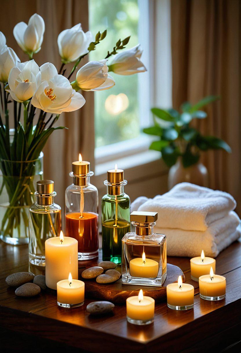 A serene spa setting featuring a variety of luxury fragrance bottles elegantly arranged on a wooden table, surrounded by candles and soft flowers. Include a plush robe draped nearby and hints of natural elements like stones and greenery, all illuminated by gentle, warm lighting to evoke a sense of relaxation. Emphasize tranquility and indulgence for self-care. super-realistic. soft lighting. vibrant colors.